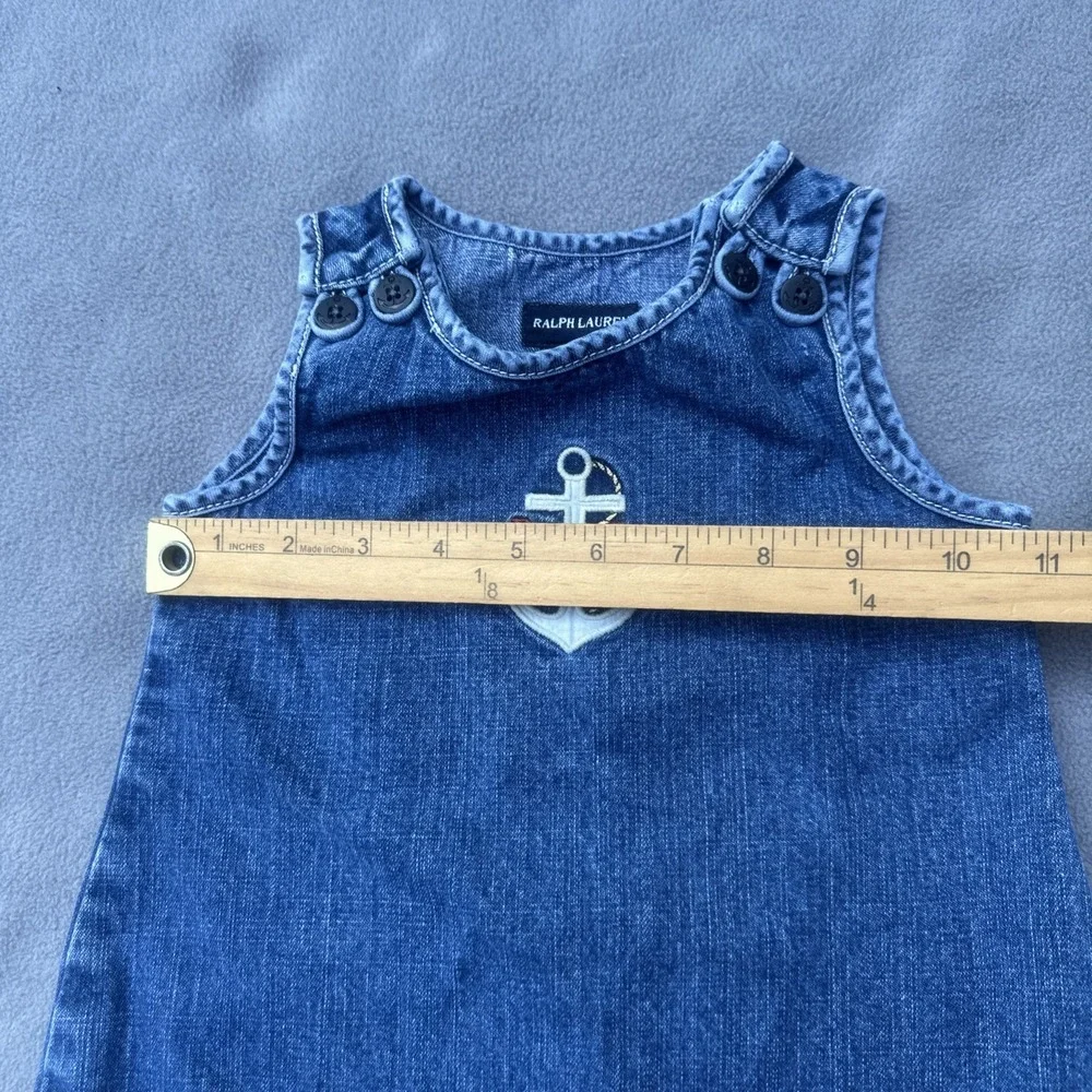 VTG Ralph Lauren Denim Overall Dress Size 18M Baby Girls Blue Jumper Anchor Logo